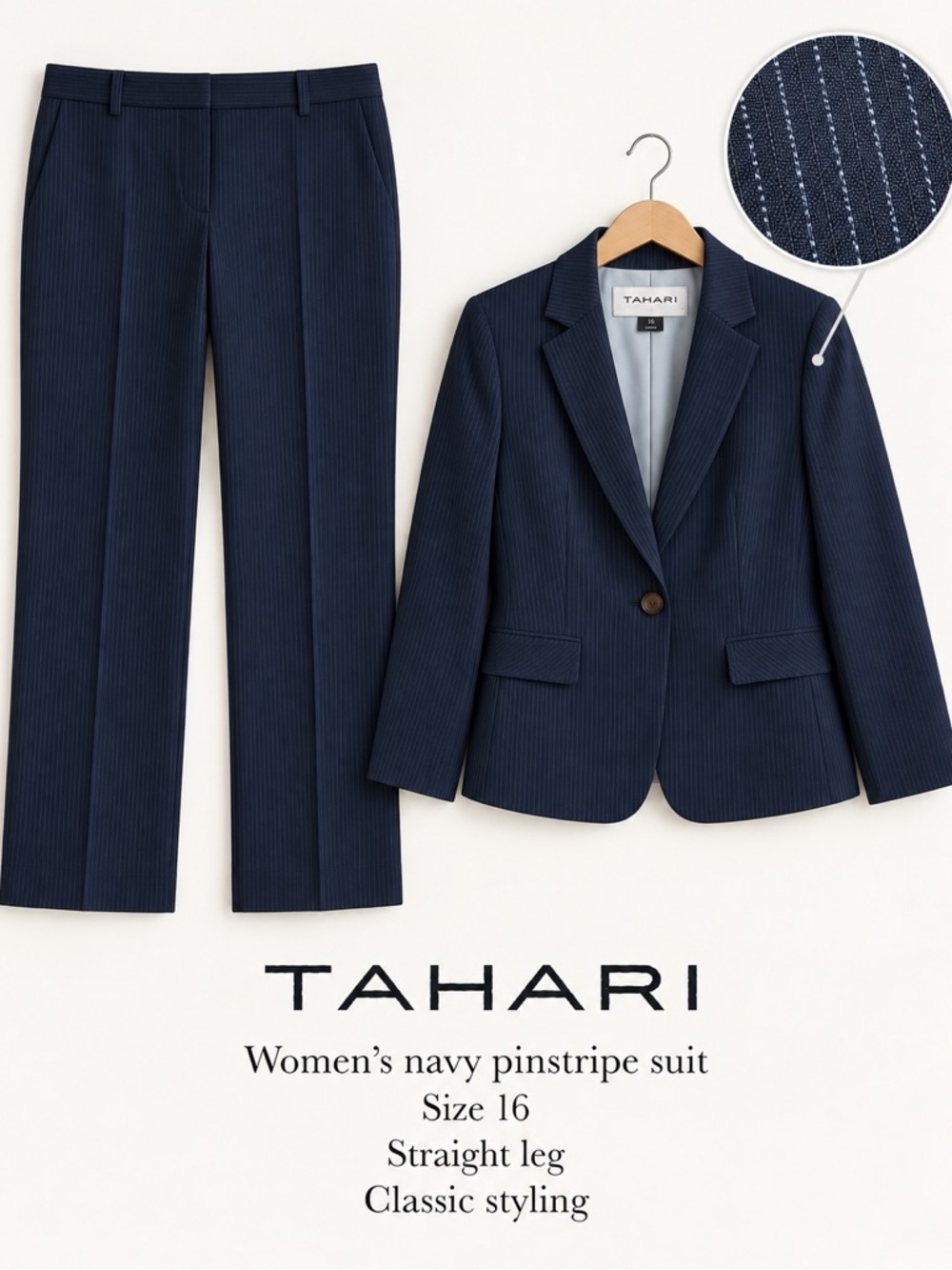 Tahari Arthur S. Levine Women’s Navy Pinstripe Suit – Size 16